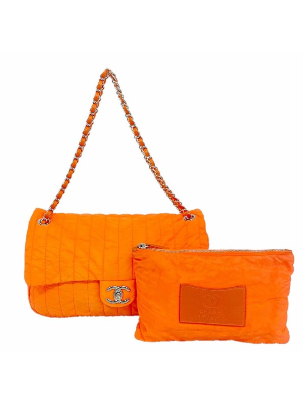 Chanel Shoulder Bag Mademoiselle Nylon Orange Silver
